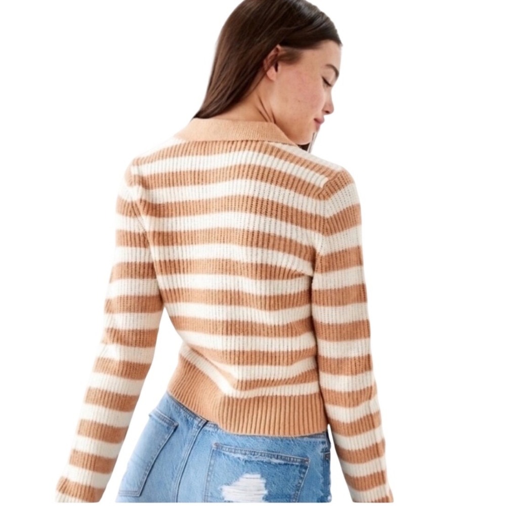 American Eagle Polo Sweater Womens XL Tan White Excellent Striped Ribbed Knit - Picture 2 of 8